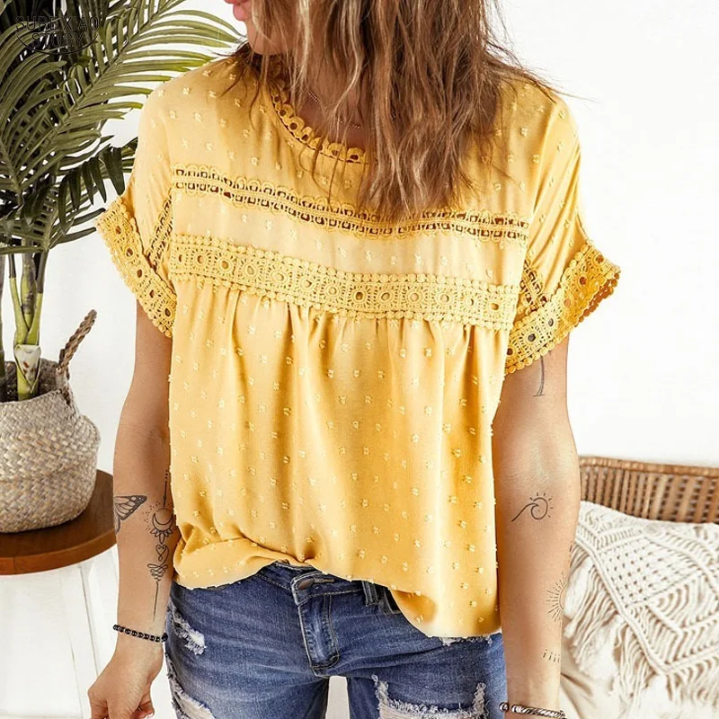 

Sweet O-neck Short Sleeve Splicing Blouse Summer New Women's Lace Cotton Shirt Casual OL Short Sleeve Cute Shirt Blusas 20367