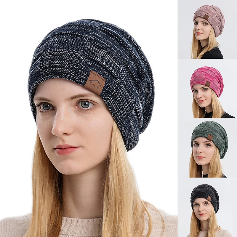 

Autumn Winter Plush Mixed Color Knitted Hat Warm Fashion Pullover Hat Winter Women's Hat