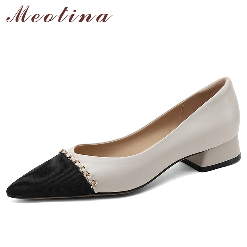 

Meotina Genuine Leather Women Fashion Shoes Thick Heels Elegant Pumps Chain Mid Heel Ladies Footwear Spring Beige Cow Leather