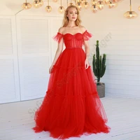 delicate red tiered tulle evening dresses beads prom off shoulder robe de soiree graduation formal celebrity vestidos fiesta