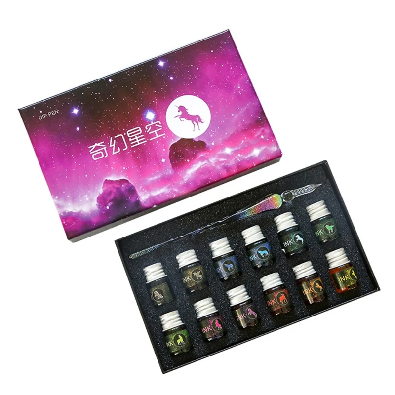 

Glass Dip Pen Ink Set Calligraphy 12 Color Rainbow Kit for Art Writing Signature Drop Shipping