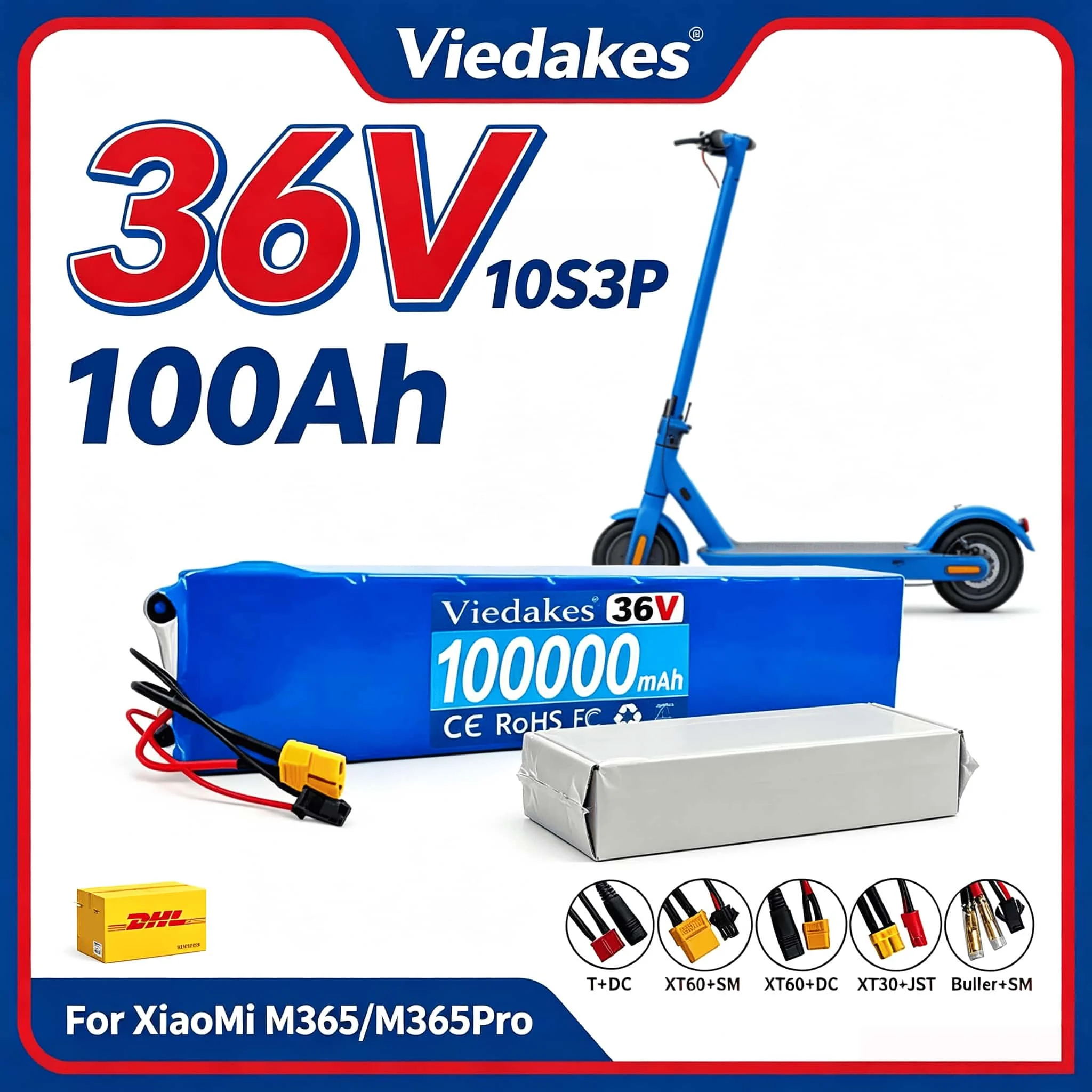 Фото Горячая распродажа: Аккумулятор Li-ion Viedakes 36V100Ah, CE RoHS, безопасный для электросамокатов на короткие поездки, с защитой от короткого замыкания, бесплатные кабели, быстрая доставка DHL №1