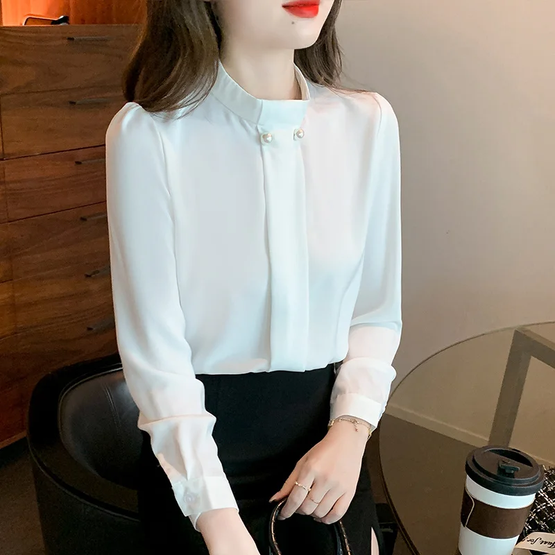 

2022 Spring Office White Blouses for Women Fashion Chic Long Sleeve Chiffon Blouse Mujer De Moda Half Collar Blusas Top