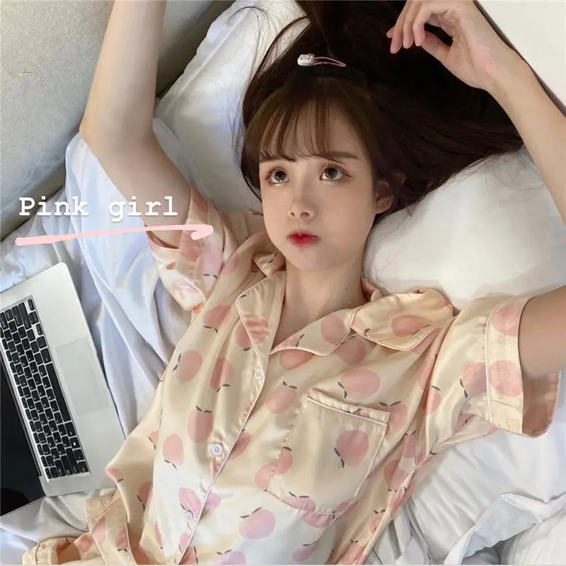 Korean Pajamas for Women 2021 New Summer Silk Pyjamas Girls Sweet Print Sleepwear Kawaii Lapel Home Suit Soft Loose 2 Piece Sets