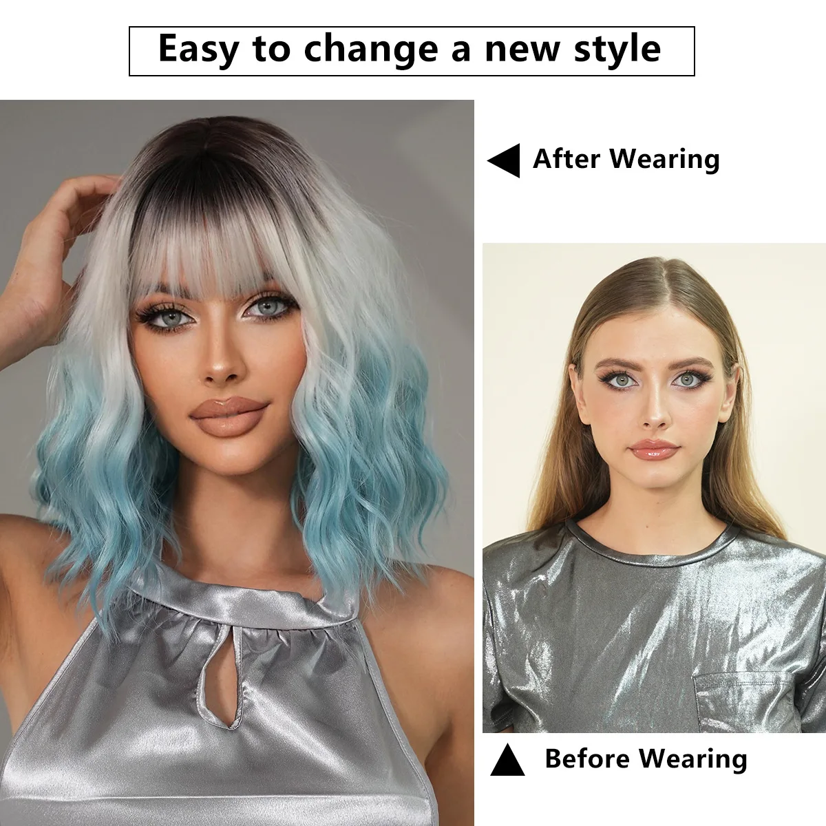 Фото Парик GUHUAN Dark Root Silver To Sky Blue Ombre, короткий волнистый боб с челкой, градиентный, с эффектом водной волны, из термостойкого синтетического волоса. №2