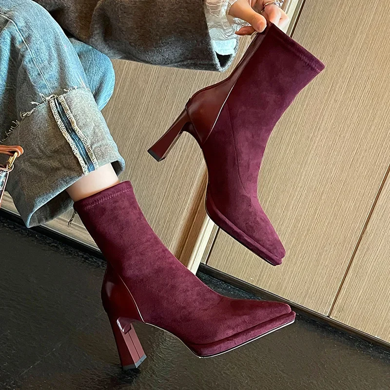 Женские эластичные ботинки винно-красного цвета в стиле ретро с острым носком