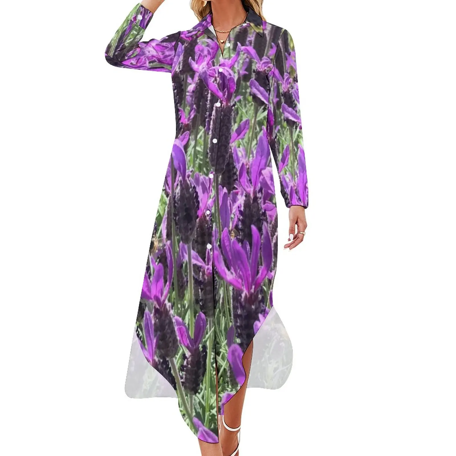 

Beautiful Lavender Casual Dress Purple Flowers Print Streetwear Dresses Sexy V Neck Cute Chiffon Dress Long Sleeve Large Size