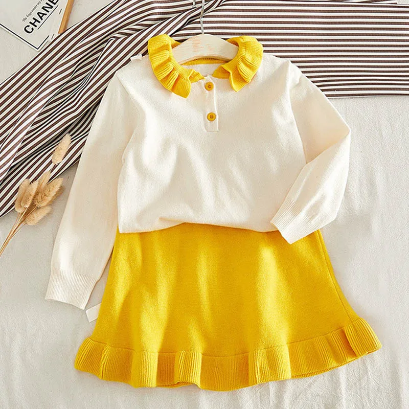 

Girls Casual Clothing Sets 2021 New Autumn Winter Party Long Sleeve Outfits Kids Knitted Tops And Skirt Suits Children Knitwear