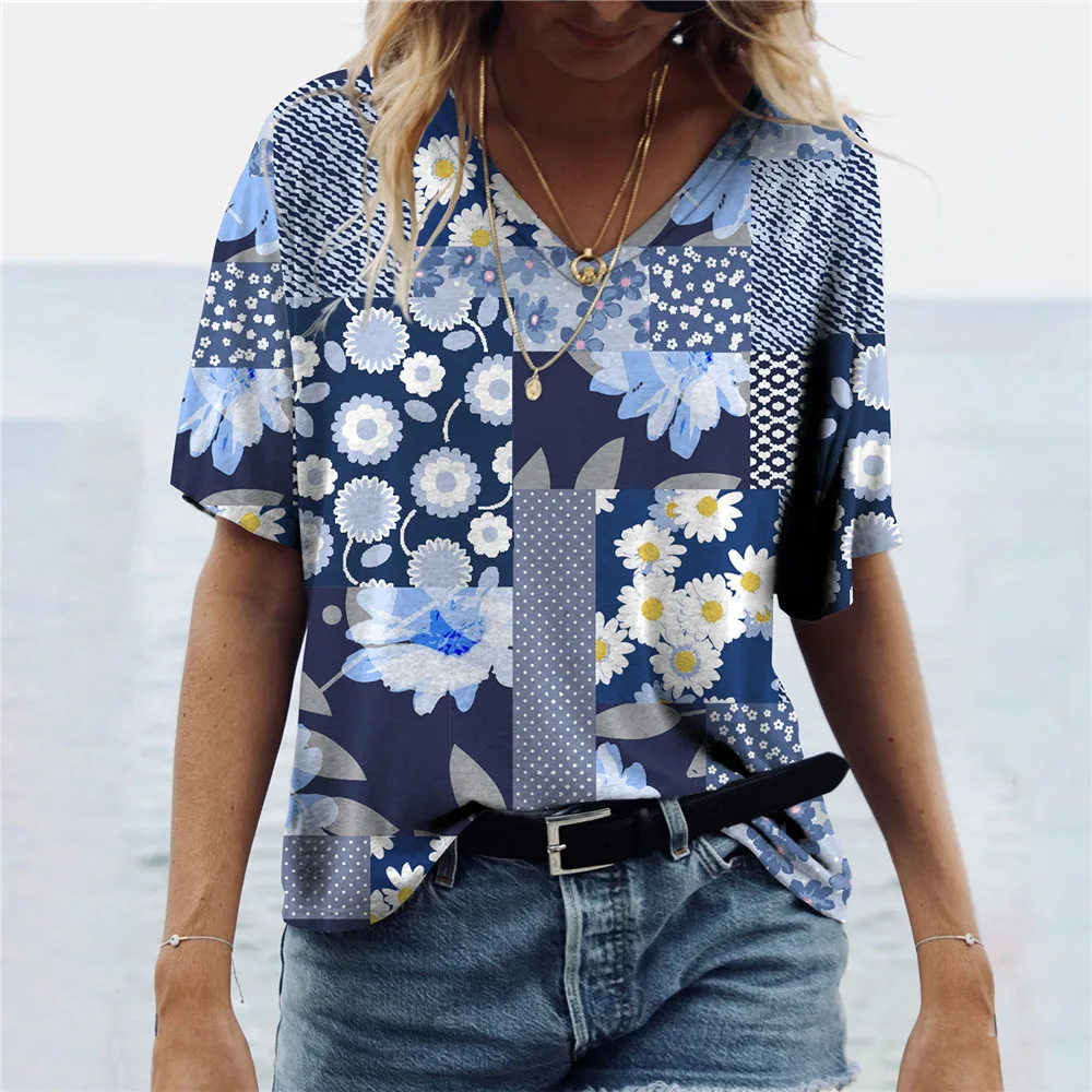 

V Neck Blouses Women's Summer Casual Oversize Print Shirt Tops Loose Vintage Female Tee Streetwear Short Sleeve Clothes Fashion