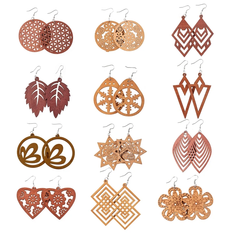 

2023 New 12 Pairs African Wooden Drop Earrings Bohemian Pendant Dangle Earrings Lightweight Ethnic Style Wood Earrings for Women