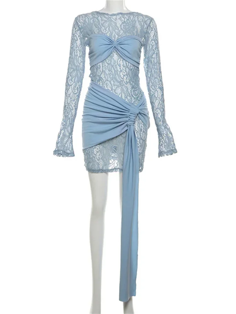 Прозрачное сексуальное мини-платье с принтом женское бандажное кружевное