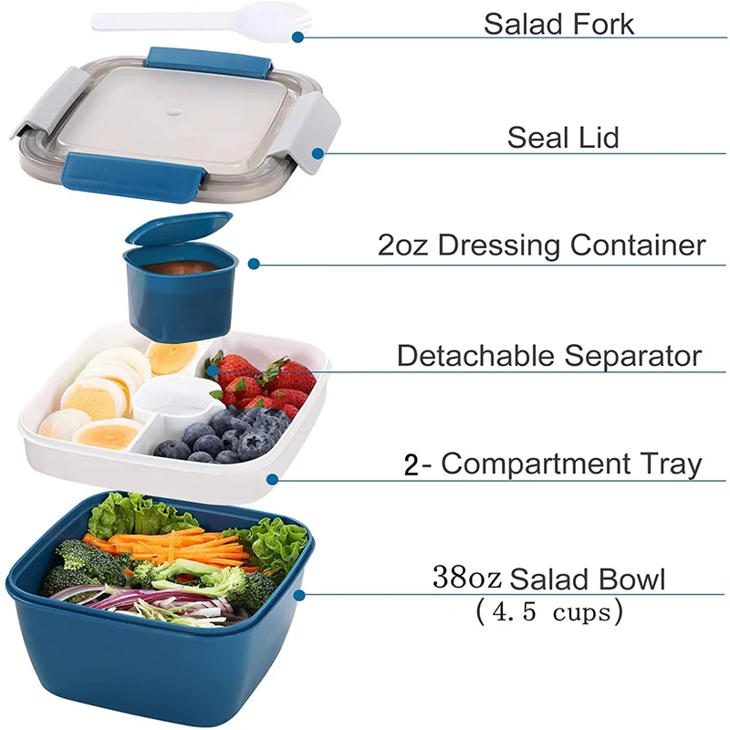 Фото Portable Salad Lunch Container Salad Bowl 2 Compartments with Large Bento Boxes Salad Bowls Lunch Box Lunch Container For Food №2