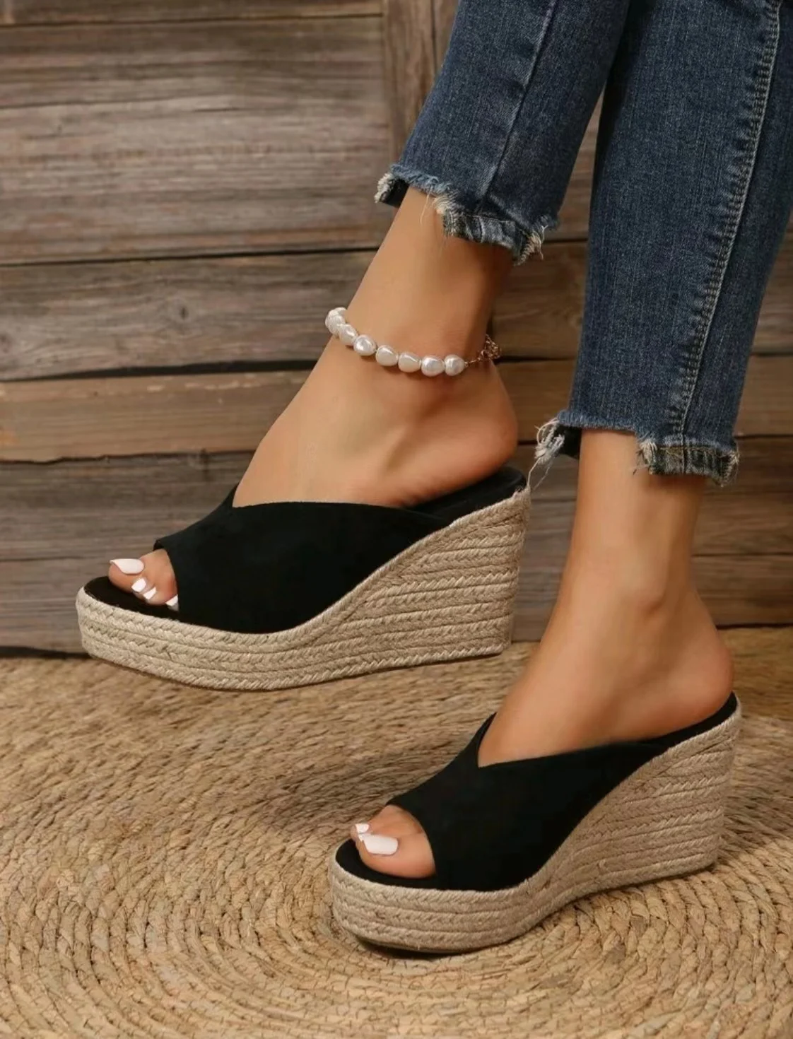 Women's Espadrille Wedge Sandals, Casual Peep Toe Slip On Platform Shoes, Outdoor Slide