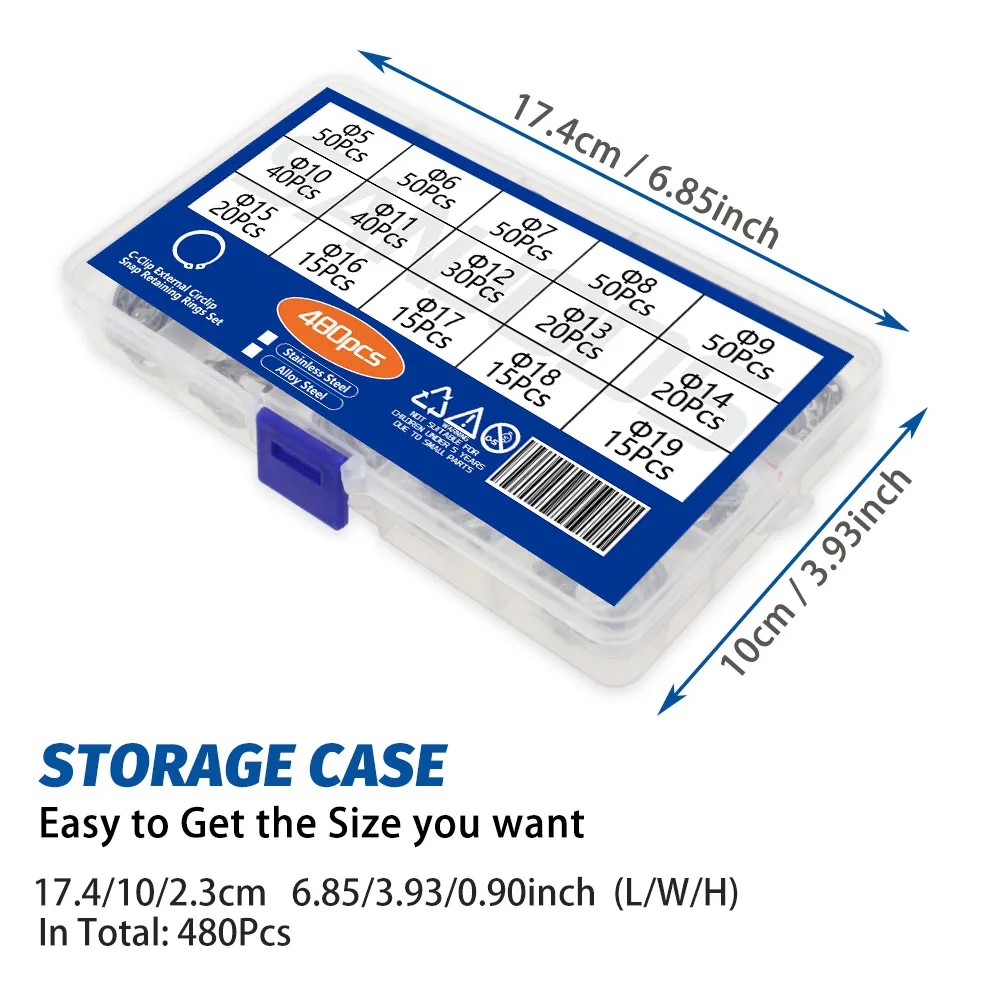 480 шт. внешние Стопорные стопоры C-образные зажимы шайбы стопорное кольцо из