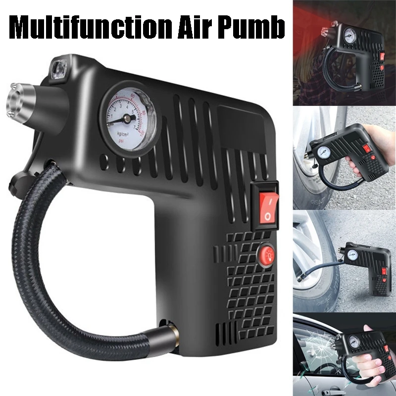 

12V Portable Car Air Compressor Multifunction Car Tire Inflator Pump with Safety Hammer for Car Bike