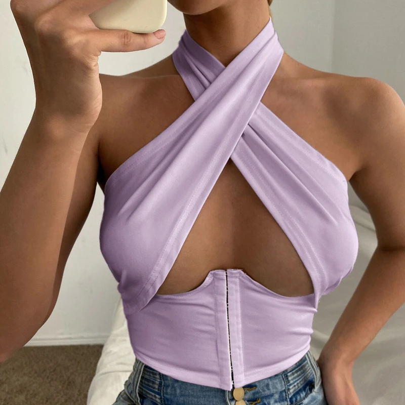 

Kayotuas Women Tank Sexy Wrap Chest Backless Halter Crop Top Sleeveless Hollow Out Summer Clubwear Black Hot Streetwear Buckle