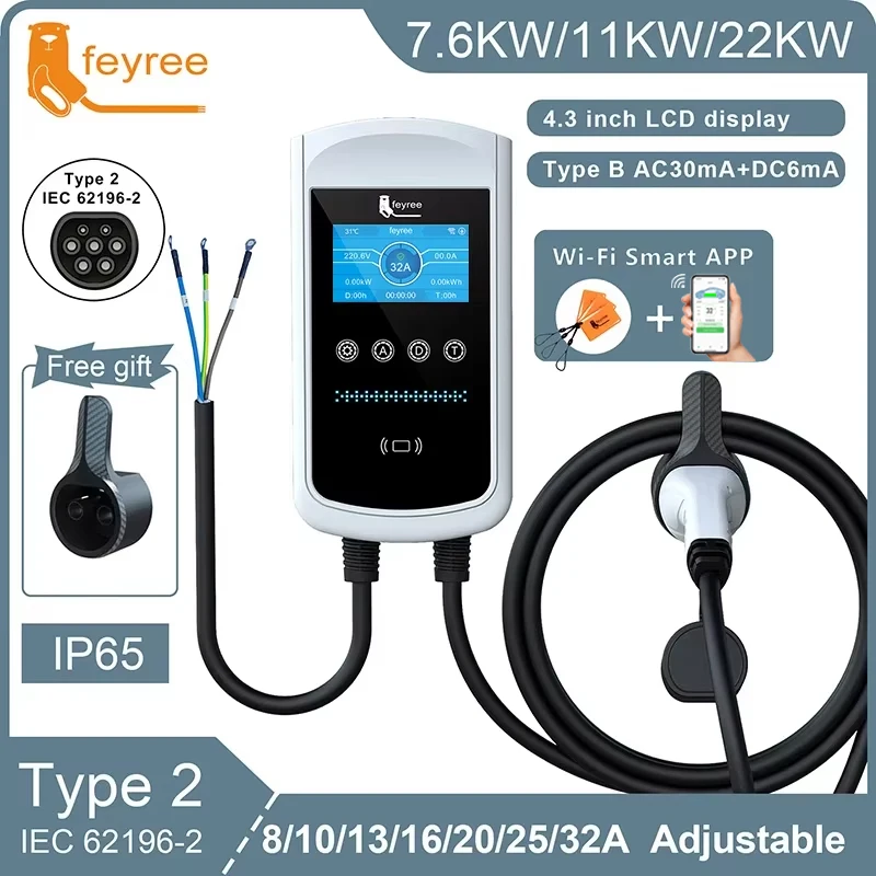 Feyree 22KW 32A Type2 Зарядное устройство для электромобилей 11KW 3P EVSE Wallbox 7 6KW 1P 4 3-дюймовый