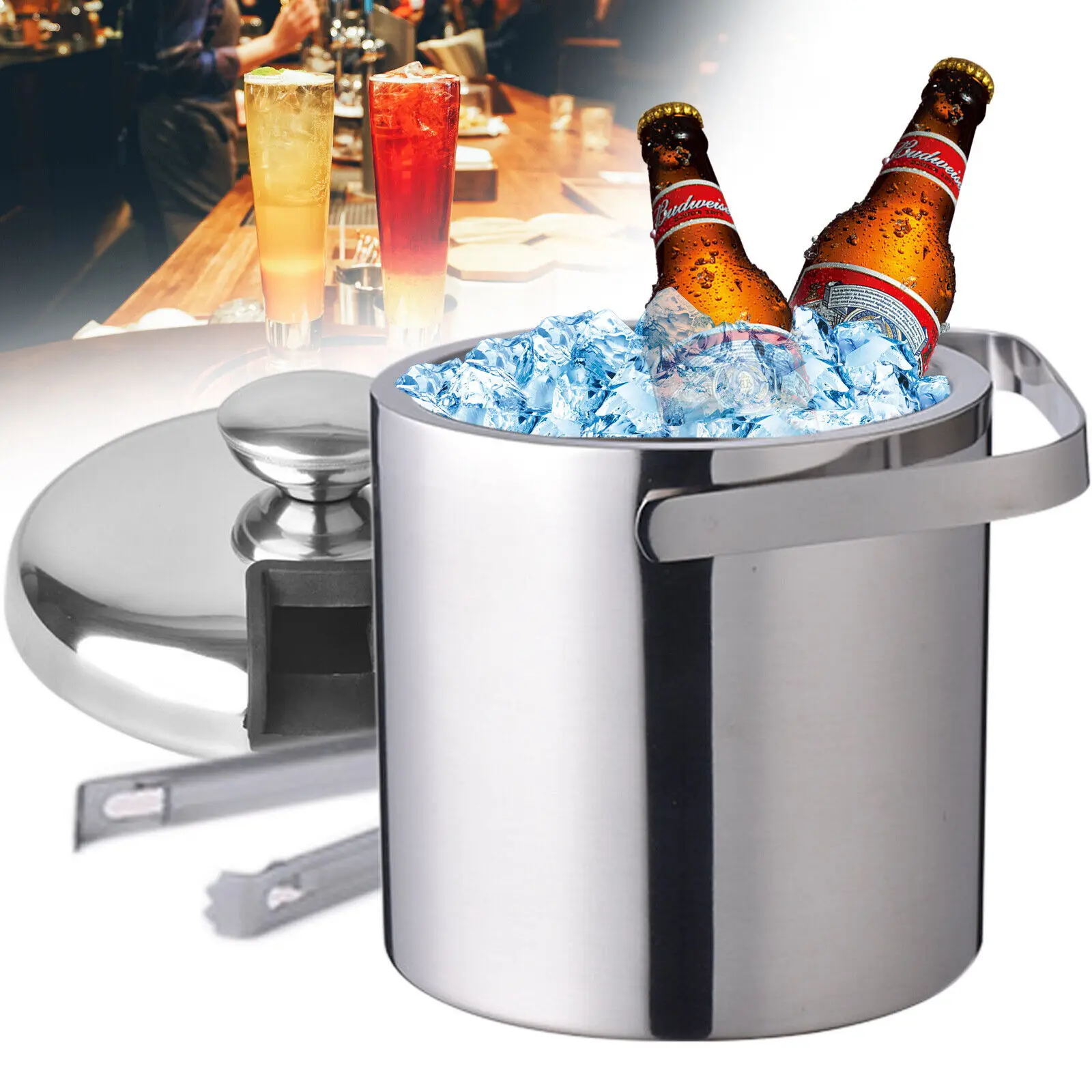 

1.3L Stainless Steel Ice Bucket Portable Freezer Ice Cube Container Chiller Cooler Beer Beverage Bar Tool