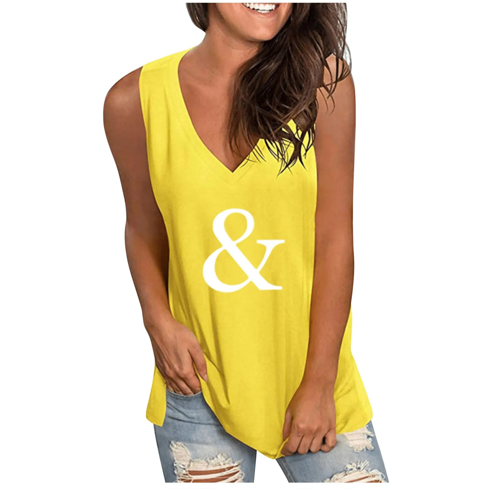 

Ladies Printed Loose V-Neck Sleeveless Fashion And Comfortable T-Shirt Polyester Cotton Tops Women Womens Blouses 3/4 Sleeve