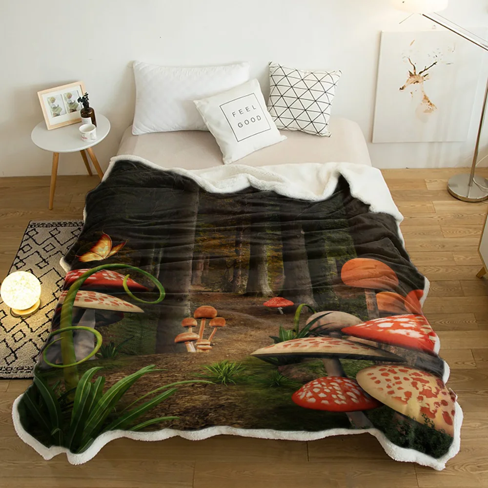 

Зимнее шерстяное плюшевое одеяло в виде грибного леса, толстое Флисовое одеяло для путешествий, офиса, дивана, кровати, покрывало
