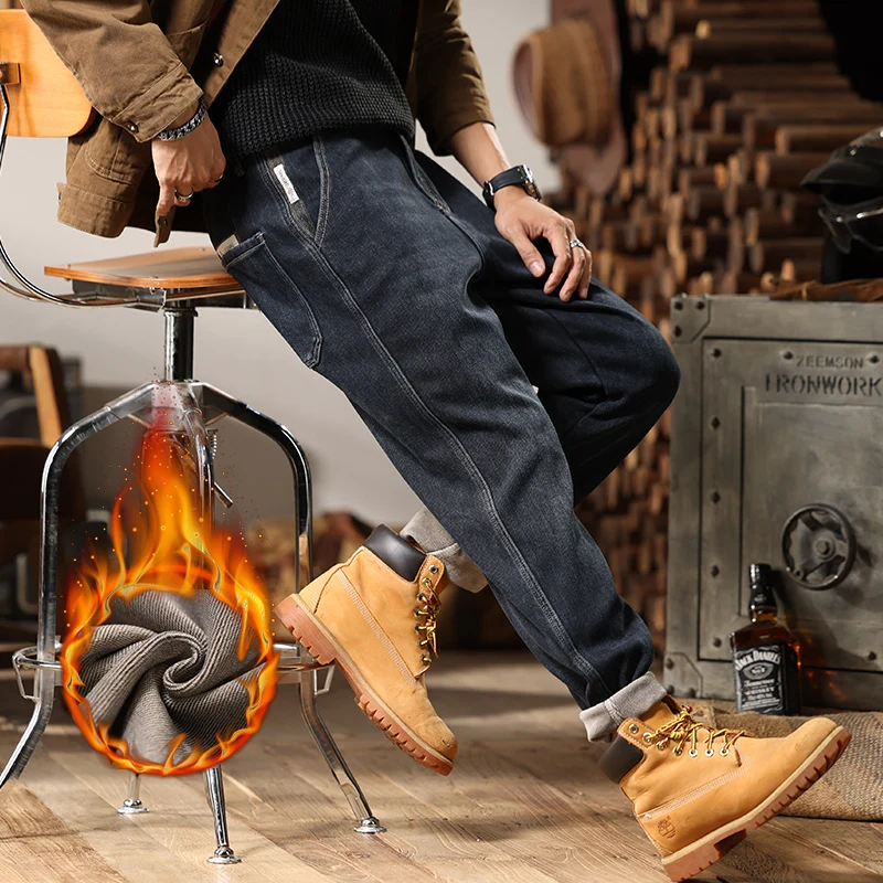 2024 высококачественные зимние теплые свободные зауженные прямые джинсы с