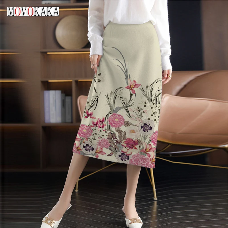

MOVOKAKA Autumn Winter 3D Print Skirts Vintage Slim Wrap Hip With Side Slit Midi Skirt Hight Waist Fashion Elegant Women Skirts