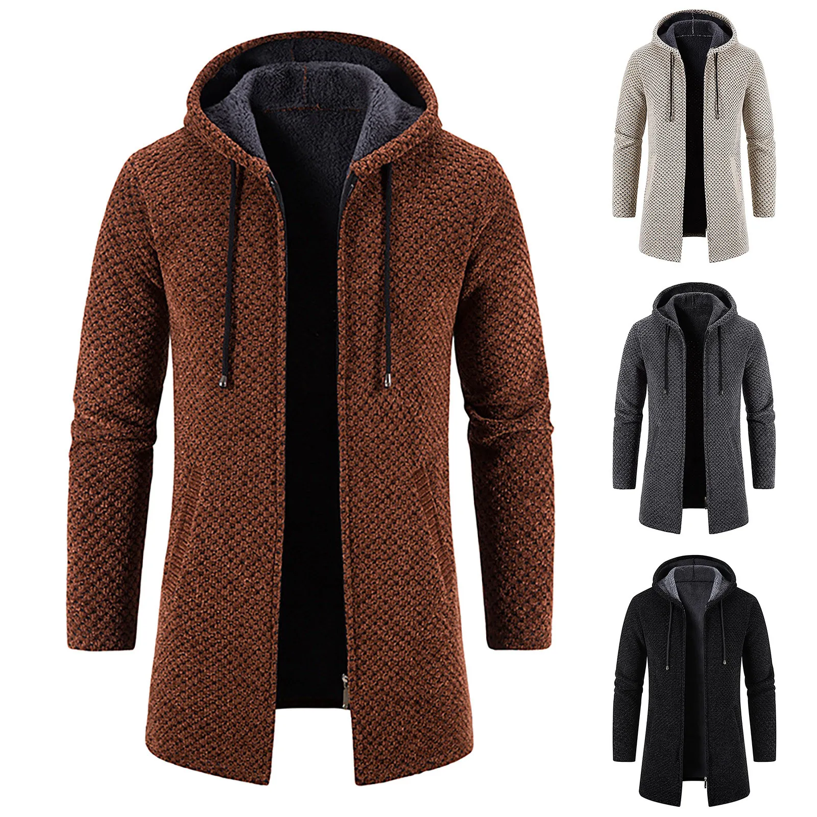 

2022 Winter New Men's Jacket Medium Long Coat Hooded Plush Plaid Knitting Drawstring Coat Sweater Warm Vintage Clothes Chaquetas