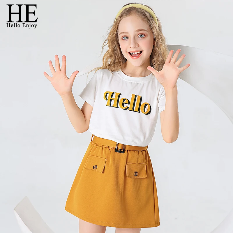 

HE Hello Enjoy Teens Girl Clothing Suits 2022 New Korean Style letter Print T Shirts + Belt Skirt 4-12 Years Teens Kid Clothes