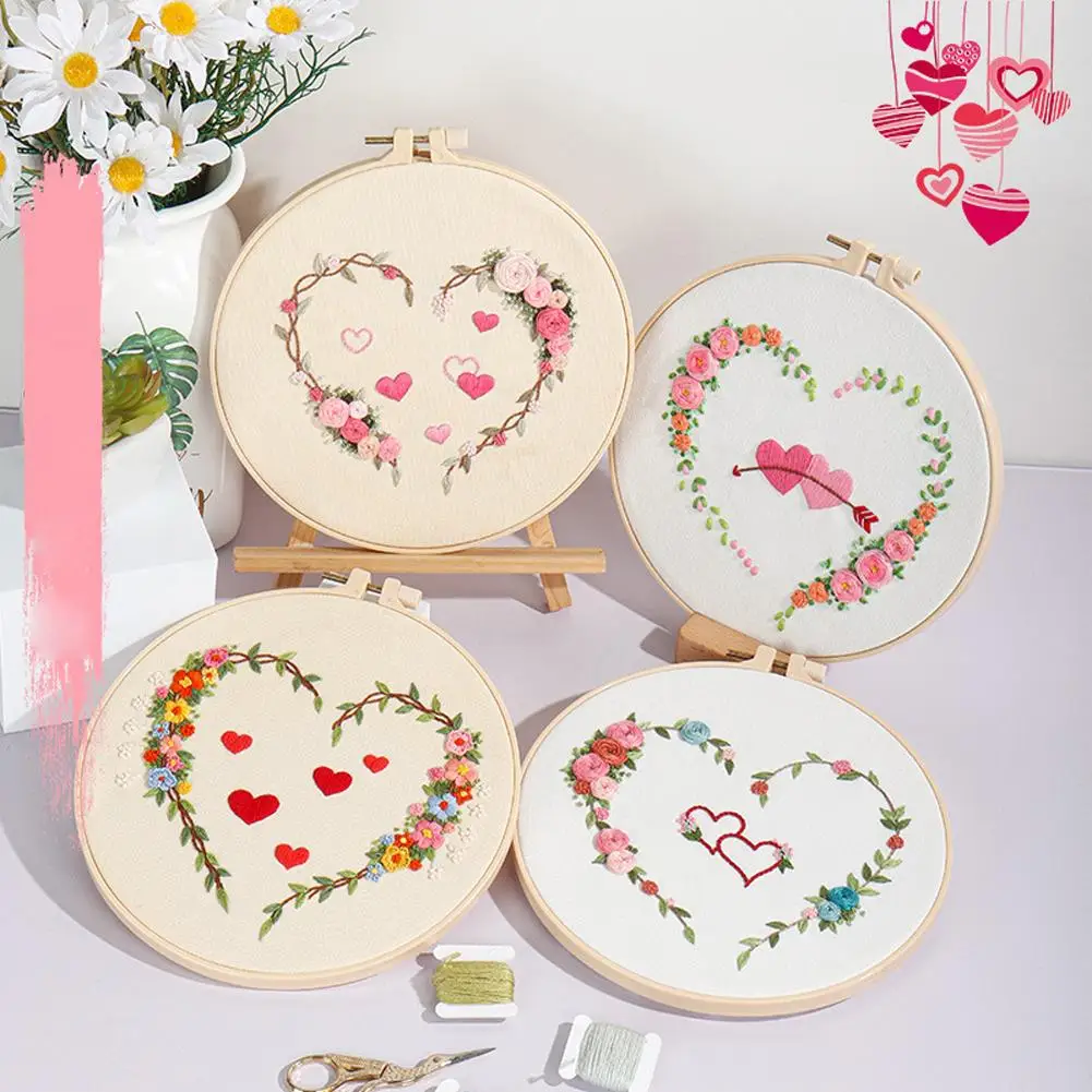 

4 pcs Love Patterns Embroidery Starter Kits For Beginners Women Hobbies Including Colored Threads Needles Hoops Instructions