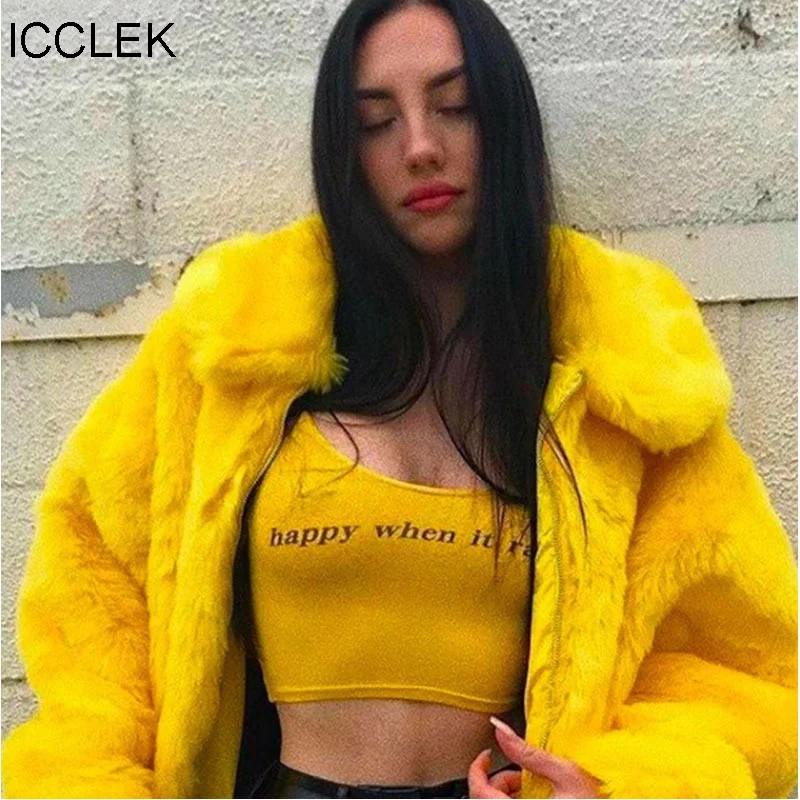 

ICCLEK Lapel rabbit fur coat women's new winter fashion coat fluffy off shoulder sleeve top