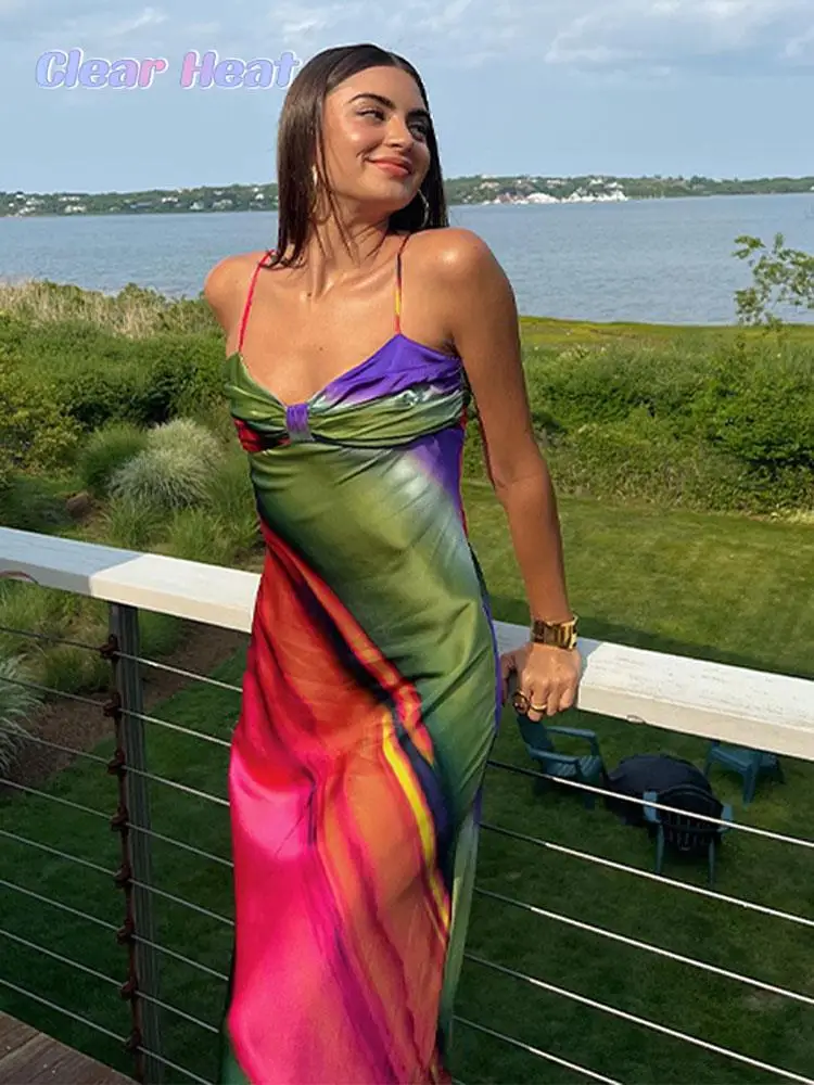 

Women Fashion Chic Sexy Print Maxi Sling Dresses Elegant Sleeveless Backless Dress 2023 Summer Ladies Party Vacation Vestidos
