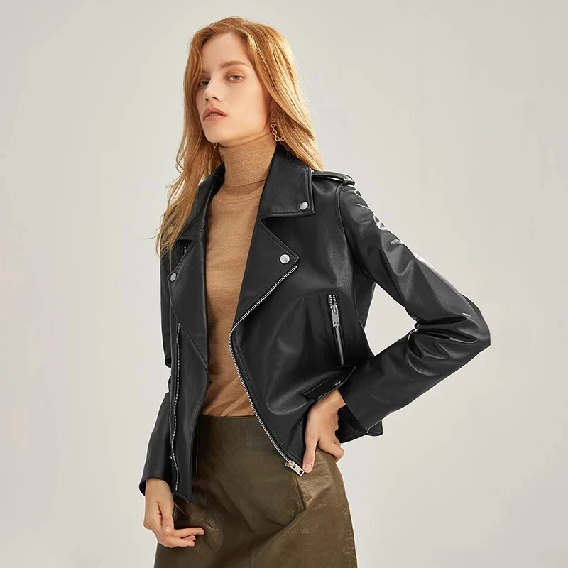 Lady Genuine Sheepskin Leather Jackets Biker 2022 New Solid Leather Short Coat Zipper Windproof Autumn Fashion Moto Outwear 8004