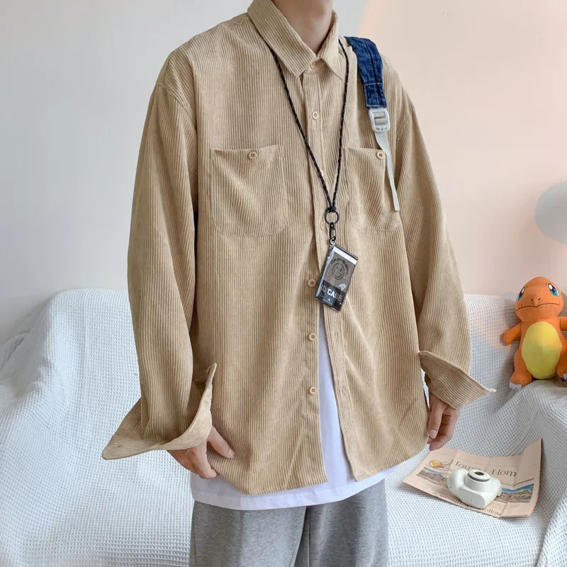 5 Colors Autumn Corduroy Shirts Men Fashion Pocket Casual Shirts Mens Japanese Streetwear Loose Long Sleeve Shirts Men M-3XL