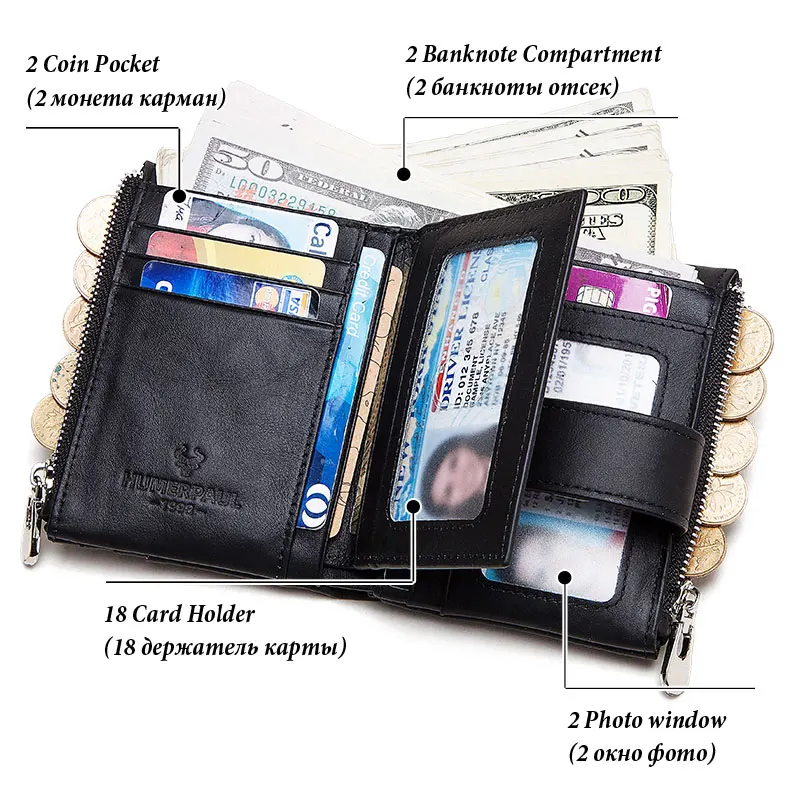 HUMERPAUL Cow Leather Wallets Hasp Man Purse with Key Chain RFID Blocking Bifold Card Holder Top Quality Male Clutch wallets