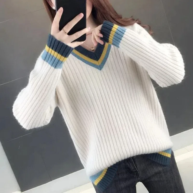 Офисная женская одежда осенне-зимний свитер с v-образным вырезом вязаный пуловер