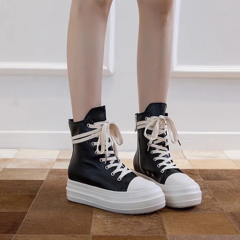 Women Canvas Shoes 2022 Luxury Trainers Platform Boots Spring Lace Up Sneakers Casual Height Increasing Zip High-TOP Black Shoes