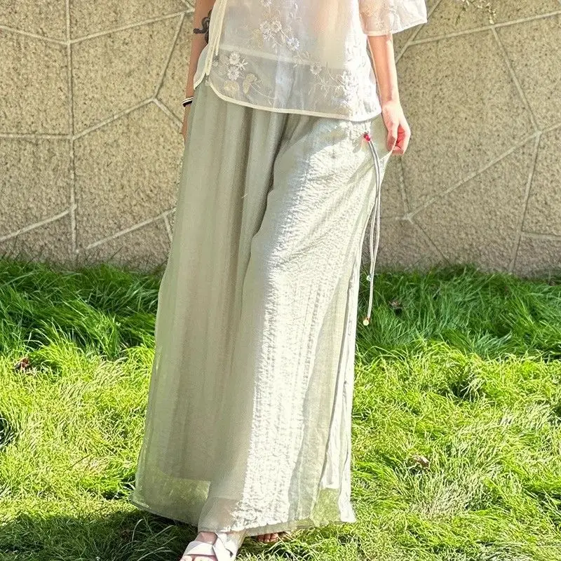 Женская одежда 2024 Летние Элегантные винтажные широкие брюки в этническом стиле с