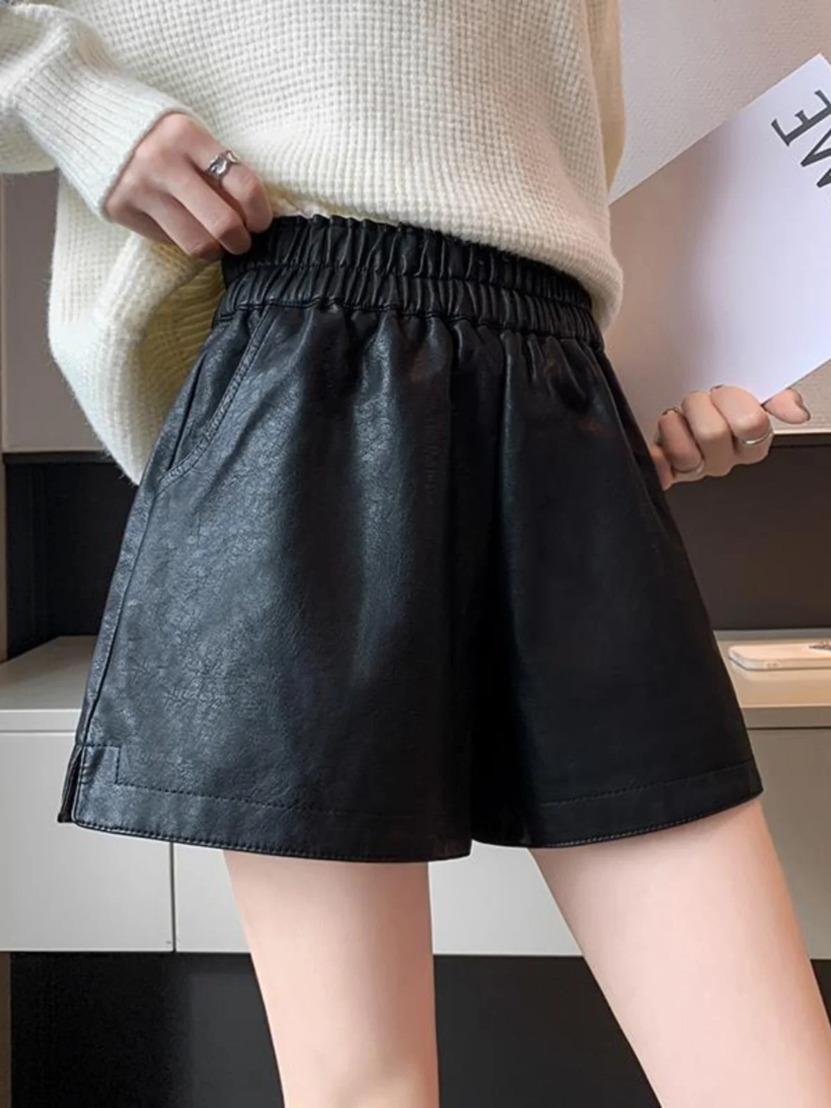 Большие размеры Шорты из искусственной кожи Женские осенние и зимние новые