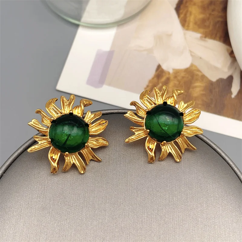 

European And American Retro Metal Large Flowers Inlaid With Green Glass Stud Earrings For Women Exaggerated Fashion Earrings