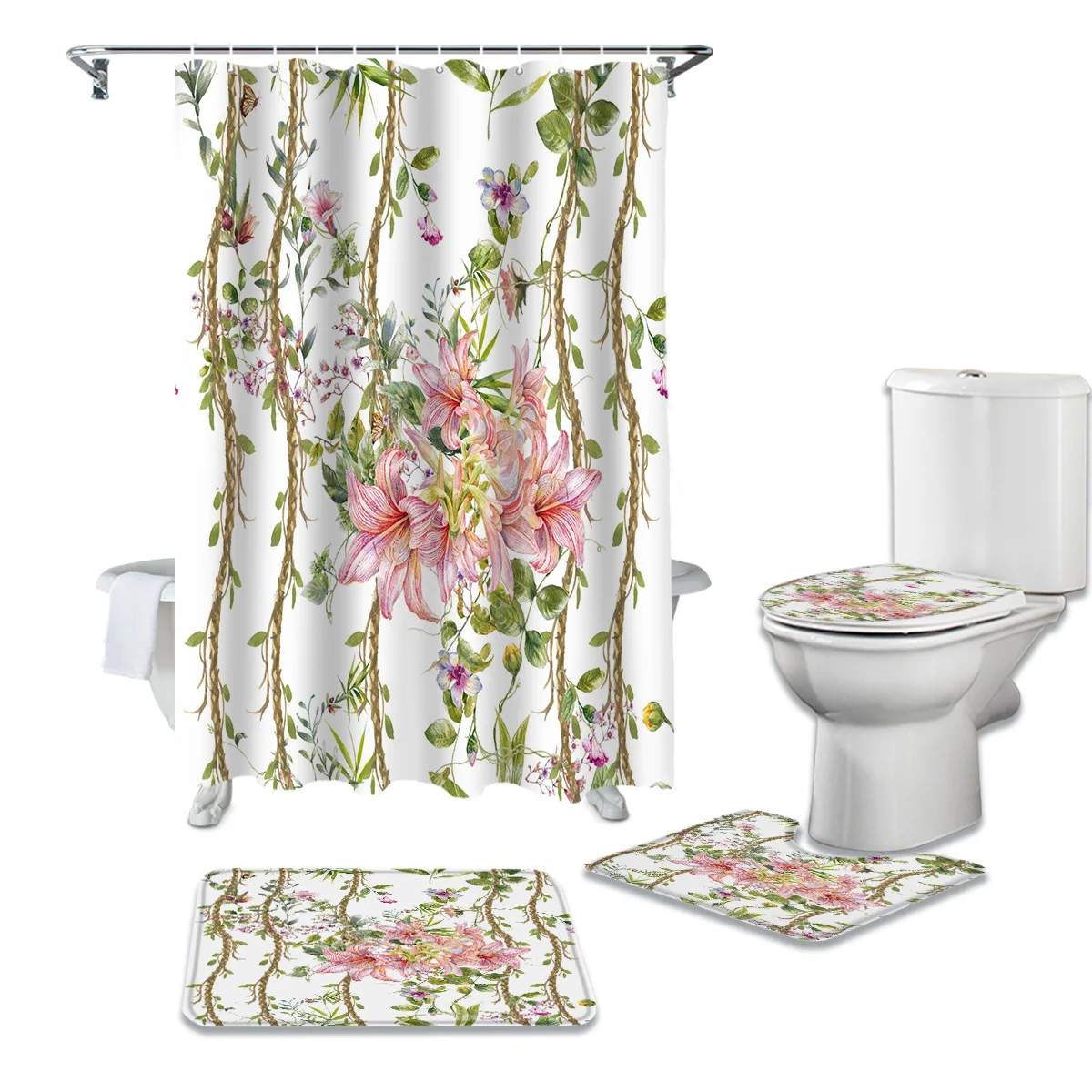 

Plant Flower Lily Pink Shower Curtain Sets Non-Slip Rugs Toilet Lid Cover and Bath Mat Bathroom Curtains Set