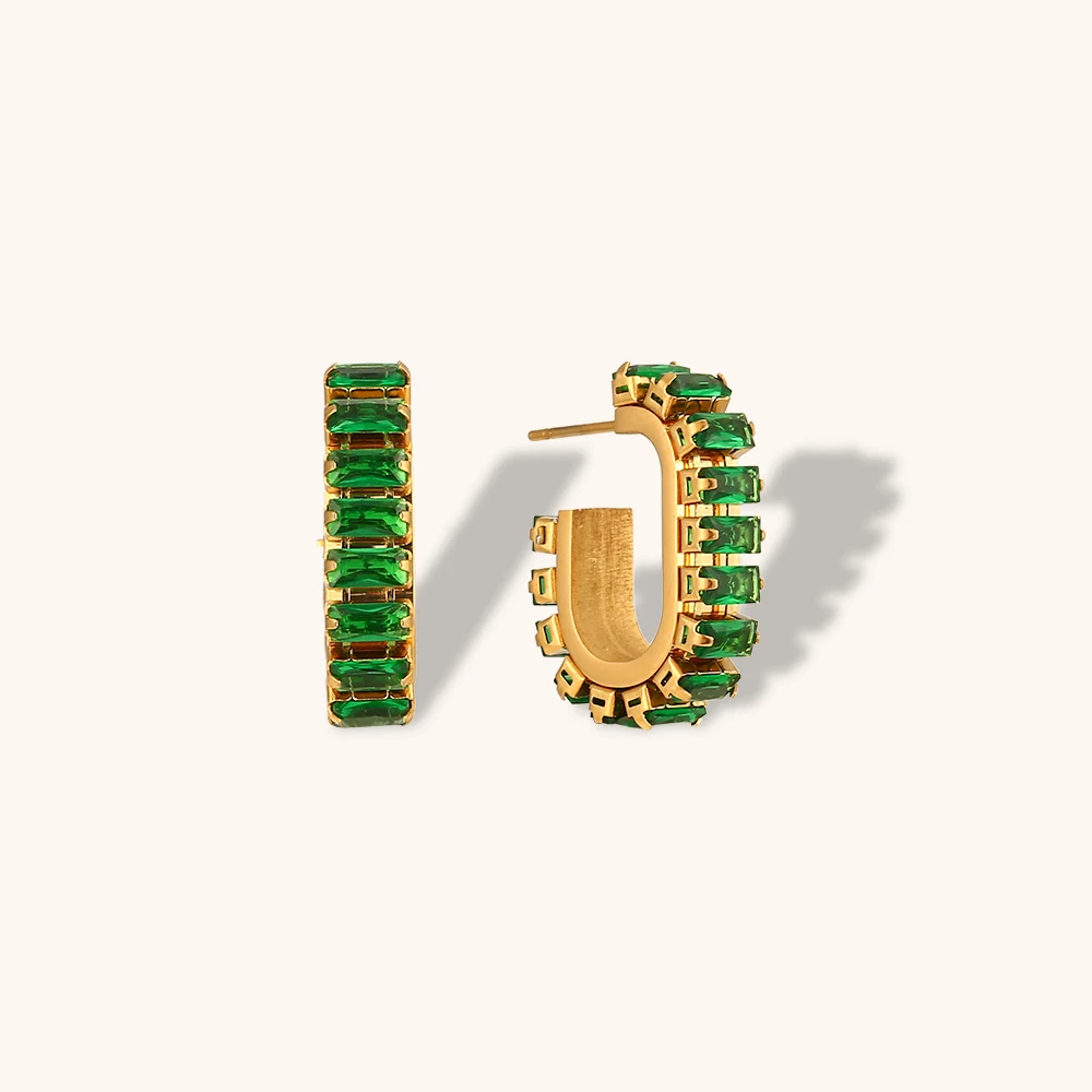 

18K Real Gold Plated Green Pink Clear Zircon Tarnish Free Jewelry Earrings Rectangular Cubic Zirconia Hoop Earrings for Women