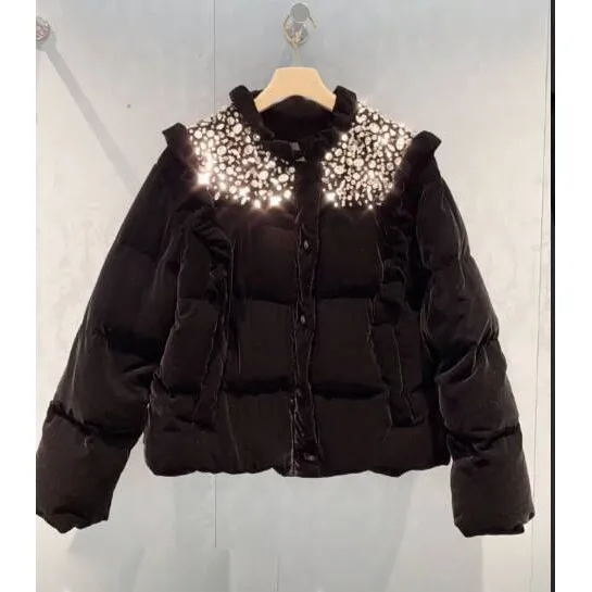 

Winter New MIU Warm Coat Heavy Industry Water Drill Wood Ear Edge Velvet Cotton Jacket Cotton Blouse Women's Top