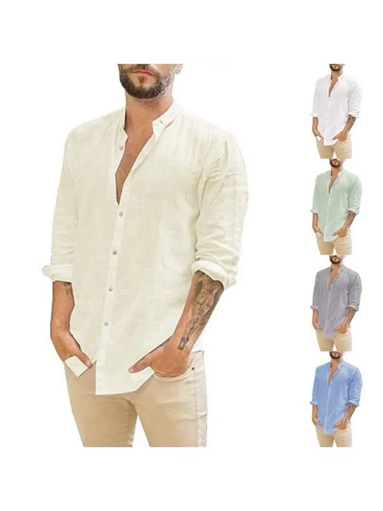 

Summer Autumn Gradually Opening Cotton Hemp Fashion Collar Long Sleeve Simple Casual Men's Shirt Street Hip Hop Top T-shirt 5xl