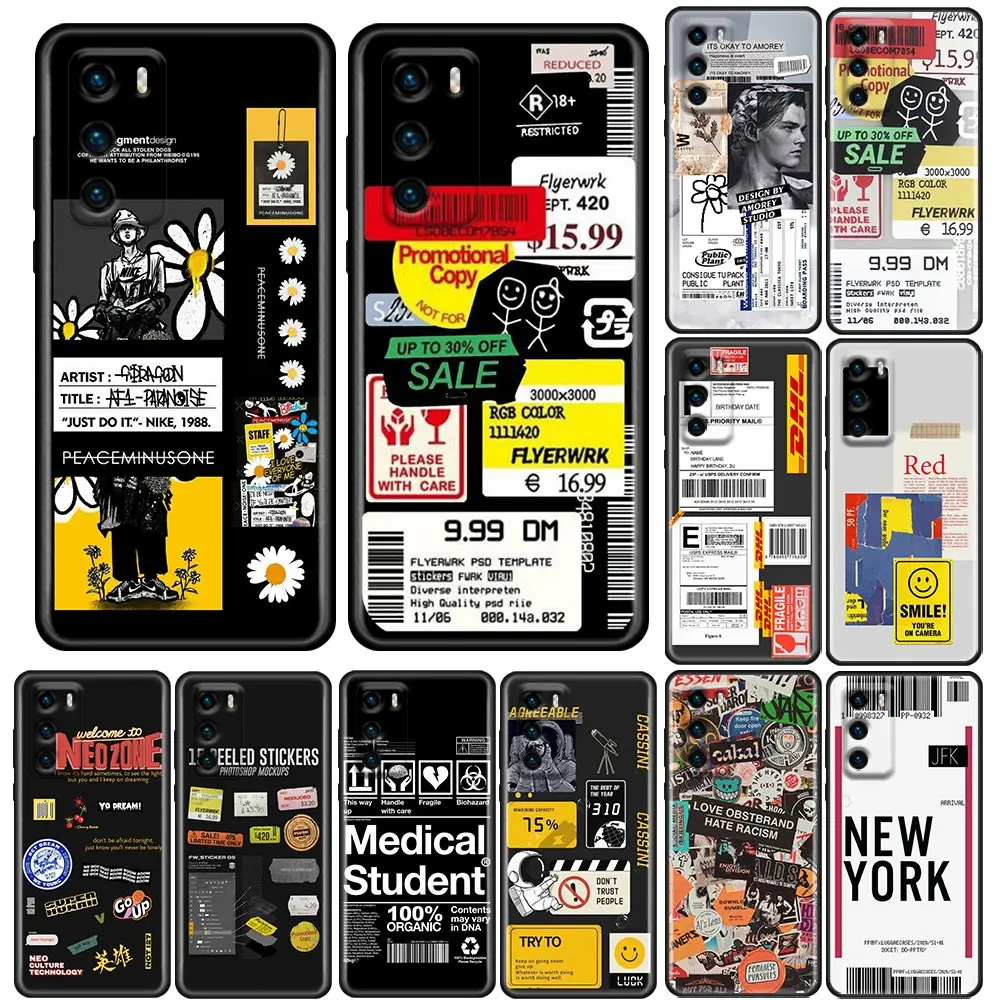 

Phone Case for Huawei P10 Lite P20 Case P30 P40 Lite P50 Pro Plus P Smart Z Soft Silicone Cover Retro Bar Code Label