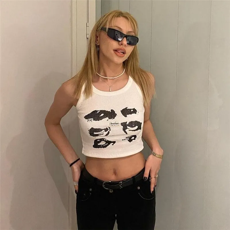 Женский винтажный топ в рубчик белый укороченный с графическим принтом