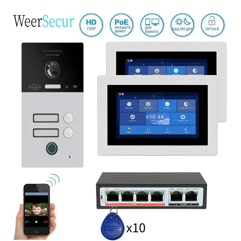 

7" Record Screen POE SIP WIFI Fingerprint Video Intercom Door Phone Doorbell Remote Monitor RFID Unlock Camera For 2 Apartments