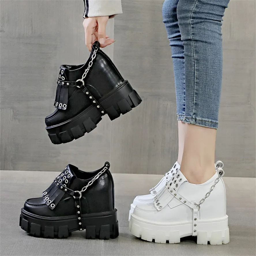 Height Increasing Punk Pumps Women's Cow Leather Round Toe Ankle Boots Tassel Rivets Buckle High Heels Creeper Oxfords Party Sho
