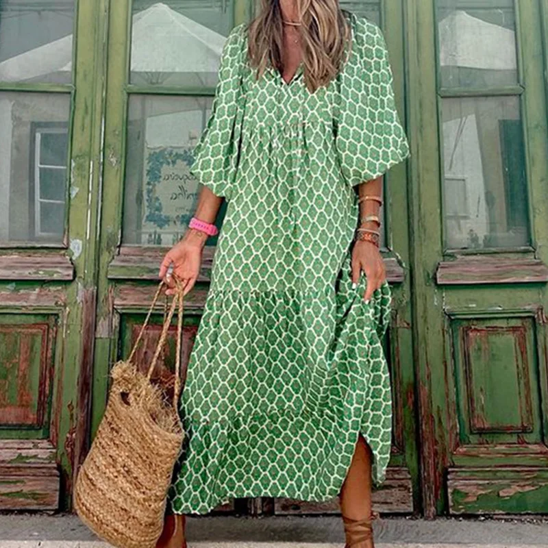 

Autumn Fashion Half Sleeve Women Loose Dress Casual Printed Vintage Long Dresses Elegant V Neck Drawstring Party Dress Vestidos