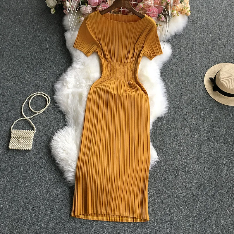 

Solid Short Sleeve Pleated Summer Dress Basics Women Bodycon Birthday Clothing Elegant Knit Black Wedding Dresses Robe Longue