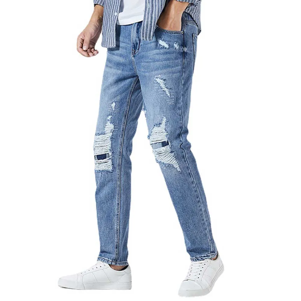 Spring  Autumn Ripped Jeans Men's Washed Straight Cotton Trousers Youth Trend Denim Pants Streetwear Beggar Pants Clothing
